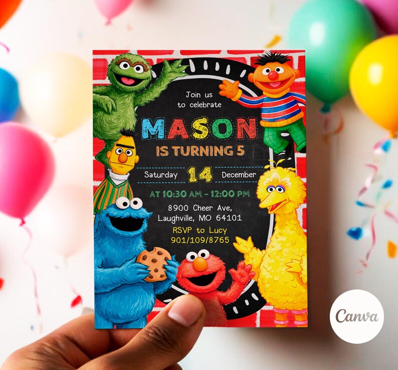 May include: A colorful birthday invitation featuring Sesame Street characters. The invitation includes the text "MASON IS TURNING 5" and event details. The design incorporates a chalkboard-style background with a red brick border.