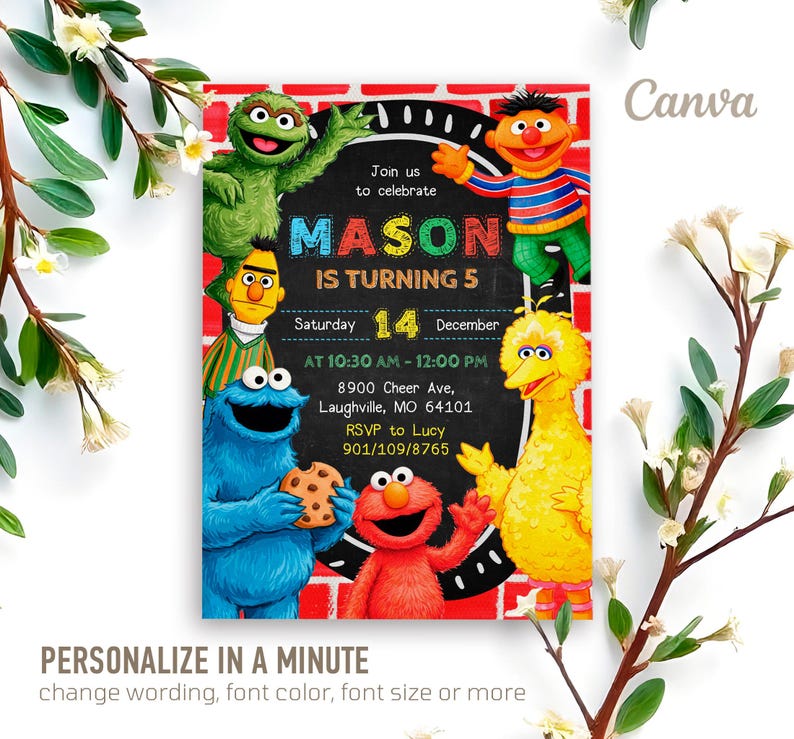 May include: A colorful birthday invitation featuring Sesame Street characters. The invitation includes the text "MASON IS TURNING 5" and event details. The design incorporates a brick background and various Sesame Street characters.
