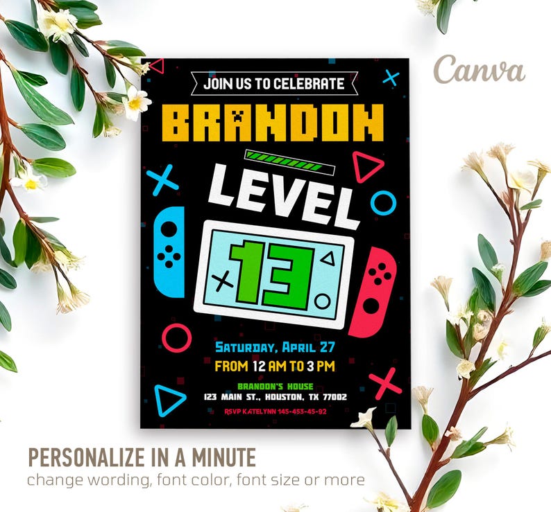 May include: A black and neon green birthday invitation for a 13th birthday party with a video game theme. The invitation features a stylized video game controller and the text "JOIN US TO CELEBRATE BRANDON LEVEL 13". The invitation also includes the date and time of the party, the location, and the RSVP information.