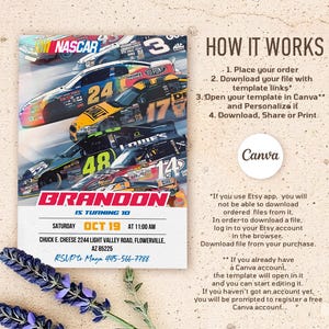 May include: A colorful invitation for a NASCAR-themed birthday party. The invitation features a photo of race cars and the text "Brandon is turning 10" with the date and time of the party. The invitation also includes the location of the party, Chuck E. Cheese, and the RSVP information.