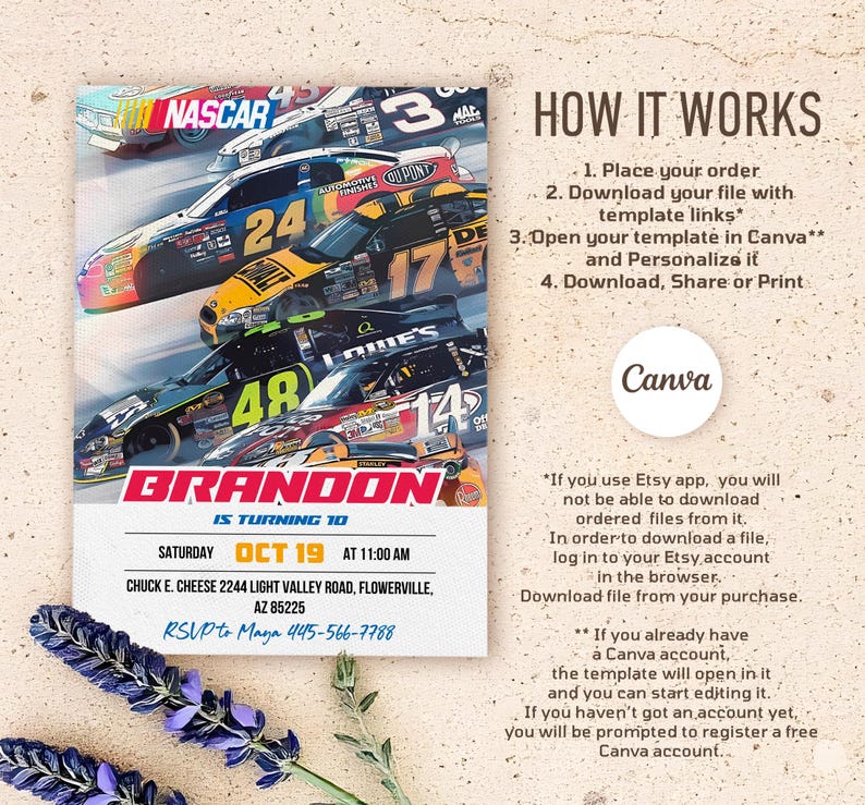 May include: A colorful invitation for a NASCAR-themed birthday party. The invitation features a photo of race cars and the text "Brandon is turning 10" with the date and time of the party. The invitation also includes the location of the party, Chuck E. Cheese, and the RSVP information.