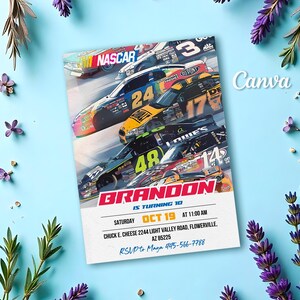 May include: A birthday invitation featuring a colorful image of race cars with the text "BRANDON IS TURNING 10" and details for the party, including the date, time, and location.