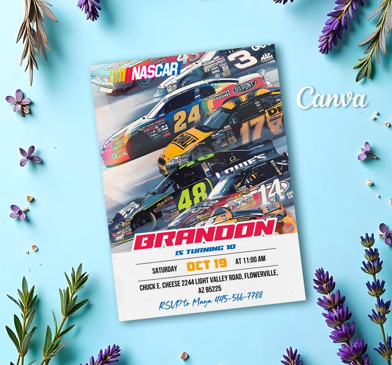 May include: A birthday invitation featuring a colorful image of race cars with the text "BRANDON IS TURNING 10" and details for the party, including the date, time, and location.