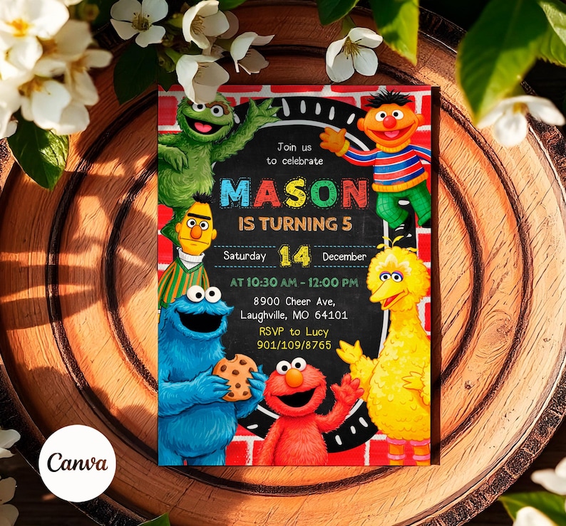 May include: A colorful birthday invitation featuring Sesame Street characters. The invitation includes the text "MASON IS TURNING 5" and event details. The design incorporates a brick wall background and various Sesame Street characters.