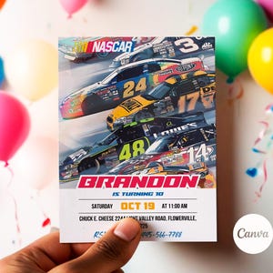 May include: A birthday invitation featuring a colorful image of NASCAR race cars. The invitation is for Brandon's 10th birthday party. The party will be held on October 19th at 11:00 AM at Chuck E. Cheese. The address is 2244 Light Valley Road, Flowerville, 225. The phone number is 445-566-7788.