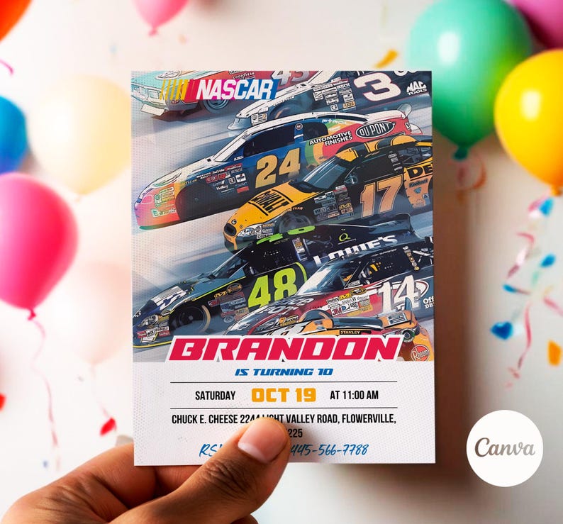 May include: A birthday invitation featuring a colorful image of NASCAR race cars. The invitation is for Brandon's 10th birthday party. The party will be held on October 19th at 11:00 AM at Chuck E. Cheese. The address is 2244 Light Valley Road, Flowerville, 225. The phone number is 445-566-7788.