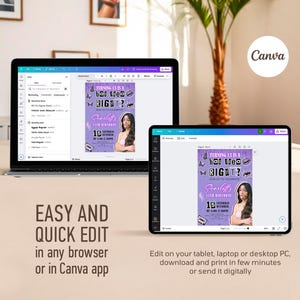 May include: A laptop and tablet displaying a Canva design for a 13th birthday invitation. The invitation is purple with the text "Turning 13 is a bad idea, RIGHT?" and features a photo of a girl. The text "Easy and quick edit" is also visible.