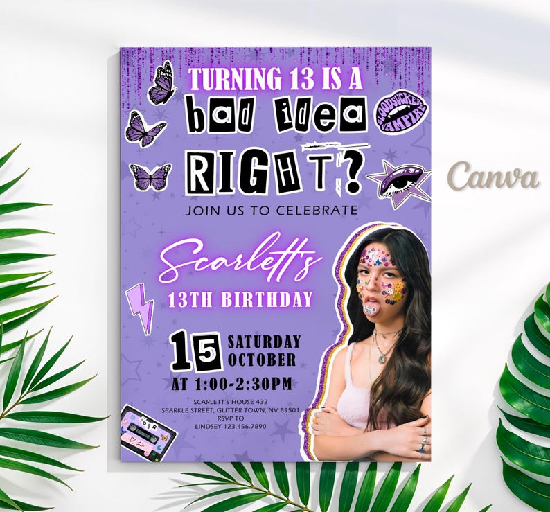 May include: A lavender birthday invitation with the text "TURNING 13 IS A bad idea RIGHT?" and "Scarlett's 13th Birthday". Includes a photo of a person with face paint, butterflies, and a cassette tape graphic. The date is October 15th.
