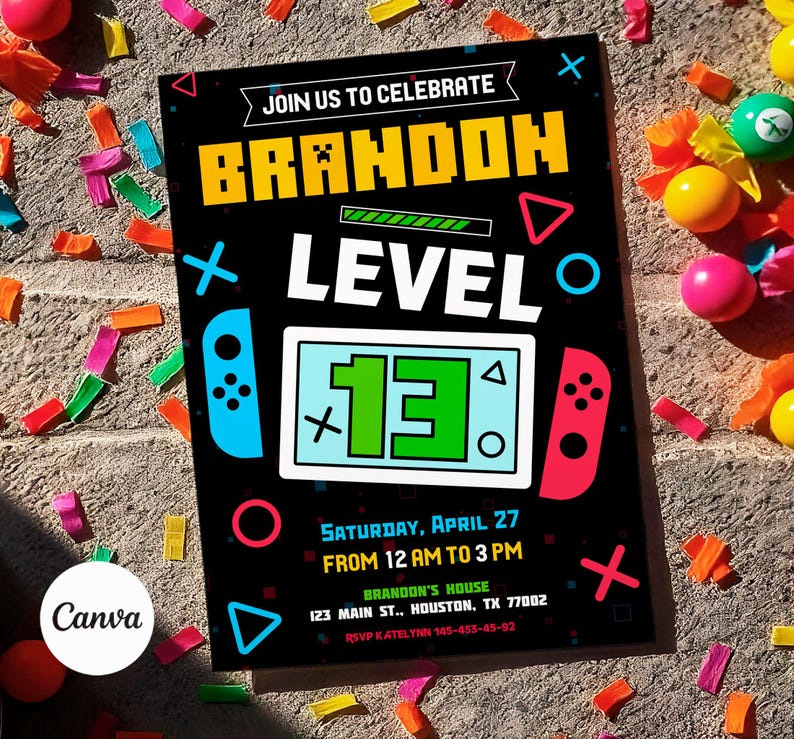 May include: A black and neon-colored invitation for a 13th birthday party with a video game theme. The invitation features a stylized video game controller and a screen with the text "BRANDON LEVEL 13".