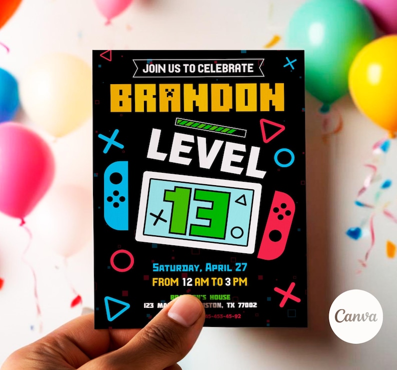 May include: A black and colorful invitation for a birthday party. The invitation features a video game controller with the text "JOIN US TO CELEBRATE BRANDON LEVEL 13" and the date "SATURDAY, APRIL 27 FROM 12 AM TO 3 PM".