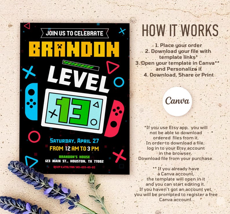 May include: A black and colorful invitation for a 13th birthday party with a video game theme. The invitation features a Nintendo Switch controller and a game screen with the number 13. The text on the invitation reads "Join us to celebrate Brandon Level 13".