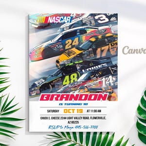 May include: A birthday invitation featuring a colorful image of race cars with the text "BRANDON IS TURNING 10" and "SATURDAY OCT 19 AT 11:00 AM". The invitation includes the location "CHUCK E. CHEESE 2244 LIGHT VALLEY ROAD, FLOWERVILLE, AZ 85225" and the RSVP information "RSVP to Maya 445-566-7788".