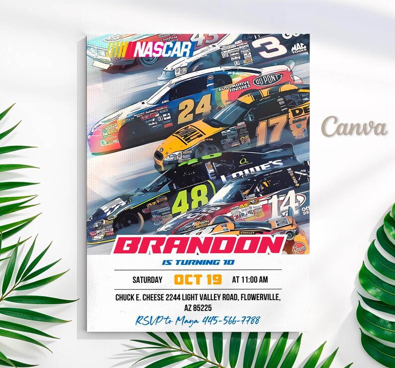 May include: A birthday invitation featuring a colorful image of race cars with the text "BRANDON IS TURNING 10" and "SATURDAY OCT 19 AT 11:00 AM". The invitation includes the location "CHUCK E. CHEESE 2244 LIGHT VALLEY ROAD, FLOWERVILLE, AZ 85225" and the RSVP information "RSVP to Maya 445-566-7788".