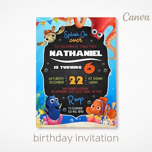 Puede incluir: Una invitación de cumpleaños con personajes marinos de dibujos animados y el texto "Splash On Over". La invitación es para el sexto cumpleaños de Nathaniel, el 22 de diciembre a las 11:15 AM. El diseño incluye un fondo azul y negro con acentos coloridos.