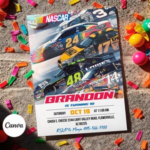 May include: A birthday party invitation with a NASCAR theme. The invitation features a photo of several race cars on a track. The text on the invitation reads "Brandon is turning 10, Saturday Oct 19 at 11:00 AM, Chuck E. Cheese 2244 Light Valley Road, Flowerville, AZ 85225, RSVP to Maya 445-566-7788".