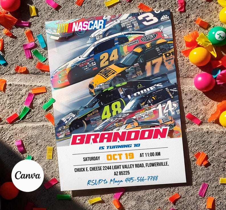 May include: A birthday party invitation with a NASCAR theme. The invitation features a photo of several race cars on a track. The text on the invitation reads "Brandon is turning 10, Saturday Oct 19 at 11:00 AM, Chuck E. Cheese 2244 Light Valley Road, Flowerville, AZ 85225, RSVP to Maya 445-566-7788".