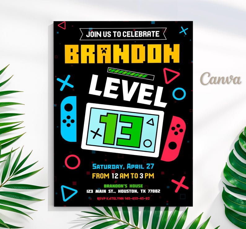May include: A black and neon-colored invitation for a 13th birthday party. The invitation features a video game theme with a Nintendo Switch controller and a level up screen. The text on the invitation reads "Join us to celebrate Brandon Level 13".