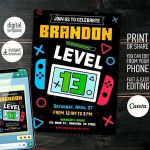 May include: A black and neon green digital invitation for a birthday party. The invitation features a video game controller and the text "Join us to celebrate Brandon Level 13". The party is on Saturday, April 27 from 12 AM to 3 PM at Brandon's house. The address and RSVP information are included.