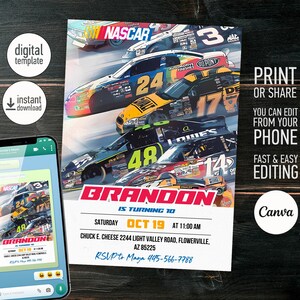 May include: A birthday invitation featuring a colorful NASCAR race car theme. The invitation is for Brandon's 10th birthday party. The party is on Saturday, October 19th at 11:00 AM at Chuck E. Cheese. The address is 2244 Light Valley Road, Flowerville, AZ 85225. RSVP to Maya at 445-566-7788.