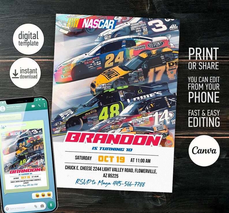 May include: A birthday invitation featuring a colorful NASCAR race car theme. The invitation is for Brandon's 10th birthday party. The party is on Saturday, October 19th at 11:00 AM at Chuck E. Cheese. The address is 2244 Light Valley Road, Flowerville, AZ 85225. RSVP to Maya at 445-566-7788.