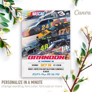 May include: A birthday invitation featuring a colorful image of race cars with the text "BRANDON IS TURNING 10" and details for a party at Chuck E. Cheese on October 19th at 11:00 AM.