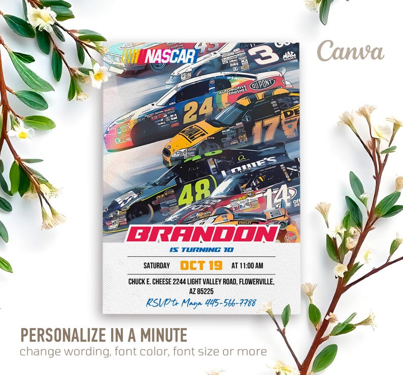 May include: A birthday invitation featuring a colorful image of race cars with the text "BRANDON IS TURNING 10" and details for a party at Chuck E. Cheese on October 19th at 11:00 AM.