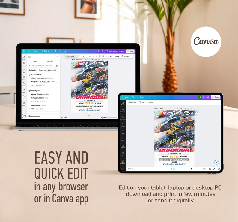 May include: A digital mockup of a customizable birthday invitation template for a NASCAR themed party. The template features a photo of a race car with the number 24 and the name "Brandon" in bold text. The text "Oct 18" is also included on the template.