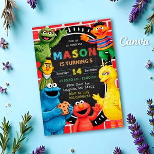 May include: A colorful birthday invitation featuring Sesame Street characters. The invitation includes the text "MASON IS TURNING 5" and event details. The design incorporates a red brick background and various Sesame Street characters.