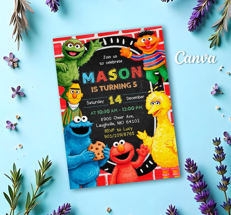 May include: A colorful birthday invitation featuring Sesame Street characters. The invitation includes the text "MASON IS TURNING 5" and event details. The design incorporates a red brick background and various Sesame Street characters.