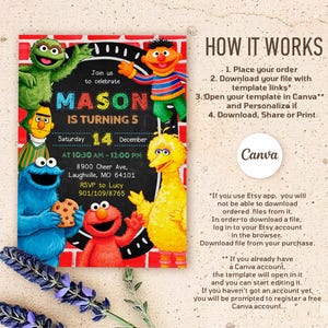 May include: A colorful birthday invitation featuring Sesame Street characters. The invitation includes the name "MASON" and the age "5", along with event details. The design incorporates a chalkboard style and the Canva logo.