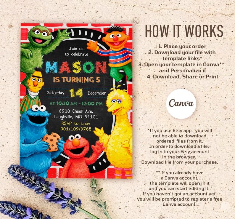 May include: A colorful birthday invitation featuring Sesame Street characters. The invitation includes the name "MASON" and the age "5", along with event details. The design incorporates a chalkboard style and the Canva logo.