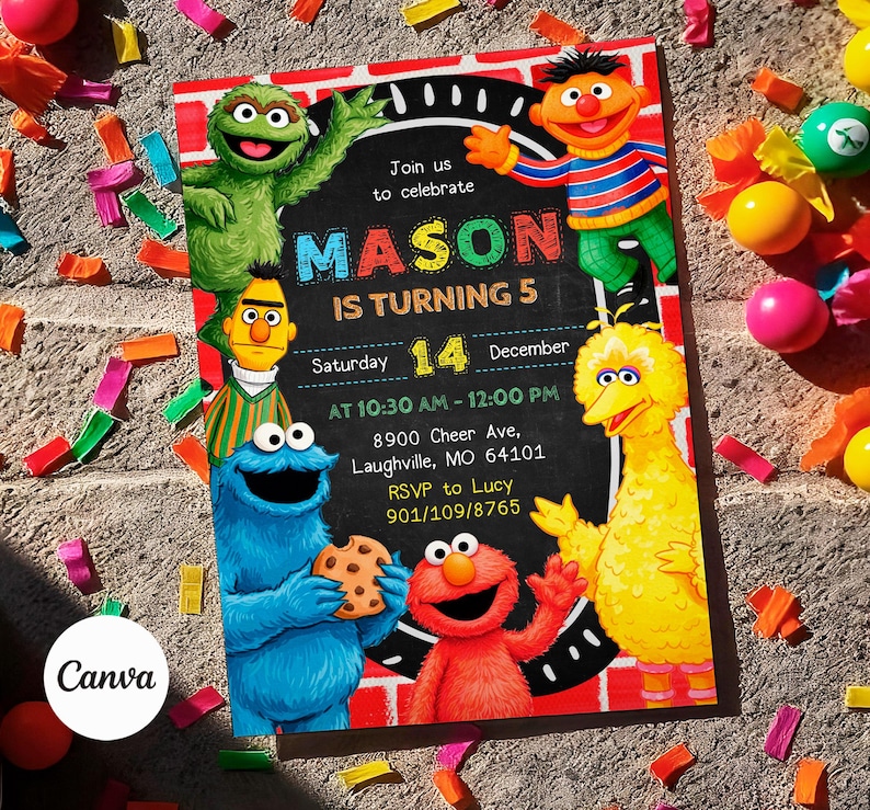 May include: A colorful birthday invitation featuring Sesame Street characters. The invitation includes the text "MASON IS TURNING 5" with event details. The design incorporates a chalkboard-style background and festive confetti.