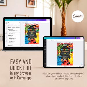May include: A laptop and tablet display a colorful birthday invitation featuring Sesame Street characters. The invitation reads "Mason is turning 5" with the date "14" and other details. Text on the screen says "Easy and Quick Edit" and "Edit on your tablet, laptop or desktop PC, download and print in few minutes or send it digitally."