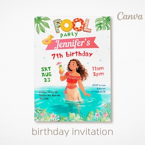 Moana Pool party Birthday Invitation, Editable Digital Party Invite, 1st 2nd 3rd Birthday Theme, Printable Maui Moana Template for Girls