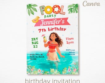 Moana Pool party Birthday Invitation, Editable Digital Party Invite, 1st 2nd 3rd Birthday Theme, Printable Maui Moana Template for Girls