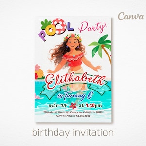 Moana Pool party Birthday Invitation, Editable Digital Party Invite, 1st 2nd 3rd Birthday Theme, Printable Maui Moana Template for Girls