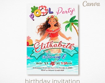 Moana Pool party Birthday Invitation, Editable Digital Party Invite, 1st 2nd 3rd Birthday Theme, Printable Maui Moana Template for Girls