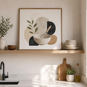 Könnte beinhalten: Ein quadratischer Wandkunstdruck mit einer zentralen Illustration einer Rührschüssel und eines Schneebesens, umgeben von abstrakten Formen in Schwarz, Beige und Hellbraun sowie einem grünen Blattzweig und feinen Linienbögen auf weißem Grund.