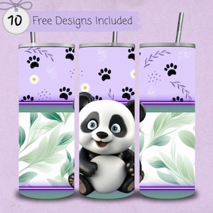 May include: A set of three stainless steel tumblers with a panda bear design. The tumblers feature a purple top with paw prints and floral accents, a green and white leaf pattern, and a cute panda bear. The text "10 Free Designs Included" is also visible.