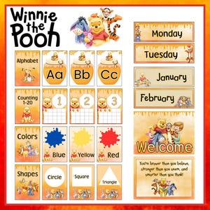 Puede incluir: Un colorido póster educativo con personajes de Winnie the Pooh. El póster incluye tarjetas del alfabeto, números, colores y formas. También tiene tarjetas para los días de la semana, los meses y un letrero de bienvenida. El texto "Winnie the Pooh" está en la parte superior.