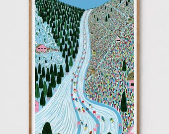 Ski Slope Wall Art Painting Print - Aerial View of Alpine Race and Packed Crowd, Winter Sports Decor
