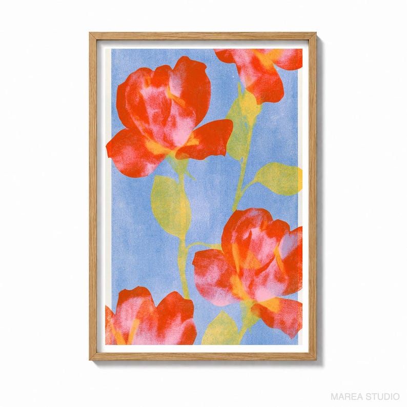 Red Roses Work Background Red Roses Blue Background Riso Print | Bold Floral Wall Art | Graphic ...