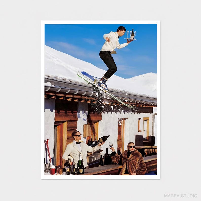 May include: A surreal art print featuring a person in a white sweater and black trousers jumping on skis over a snow-covered roof while holding a tray of glasses. Below, a person in a white jacket pours wine and another in a fur coat sits.