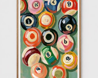 Billiards Wall Art Painting Print - Colorful Pool Balls on Green Felt, Game Room Man Cave Decor