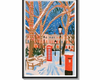 London Wall Art Print Snowy Park Painting | Festive British Decor | Winter Travel Poster | Cozy Holiday Wall Art