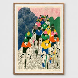 May include: A vertical art print depicting a group of cyclists riding in a pack on a textured road. The cyclists wear colorful jerseys in orange, yellow, green, and pink. A large, dark blue, textured mountain shape looms on the left side.