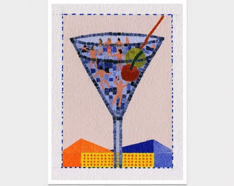 Martini Glass Art Print | Whimsical People Swimming Cocktail Painting | Bar Decor | Funny Wall Art