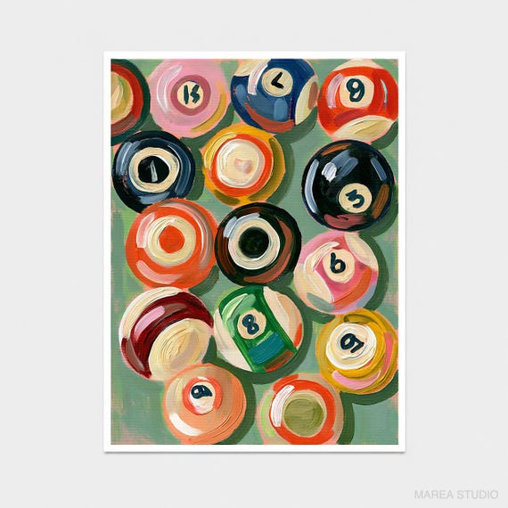 Billiards Wall Art Painting Print - Colorful Pool Balls on Green Felt, Game Room Man Cave Decor