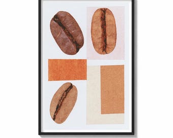 Coffee Wall Art Print Bean Collage Painting | Rustic Cafe Decor | Vintage Kitchen Poster | Warm Coffee Bar Art