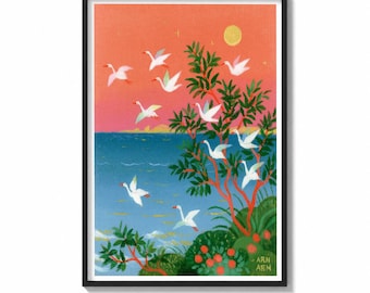 Crane Wall Art Print Sunset Flock Painting | Coastal Folk Bird Decor | Vintage Nature Poster | Warm Wildlife Wall Art